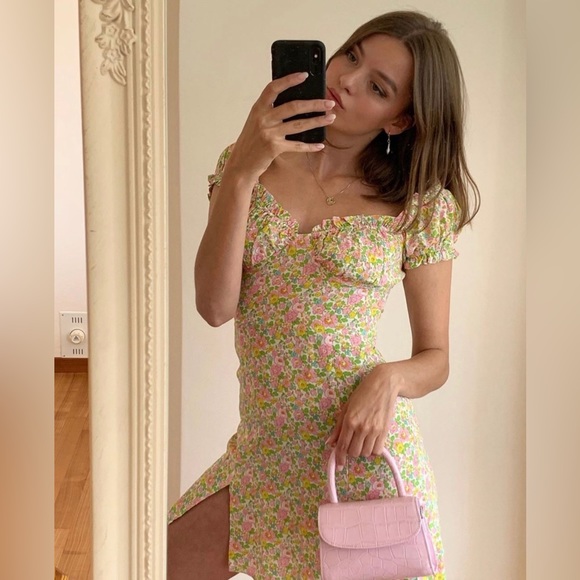 With Jean Bella Dress Mini Floral Pansies Pink Green Size Large - Picture 1 of 6